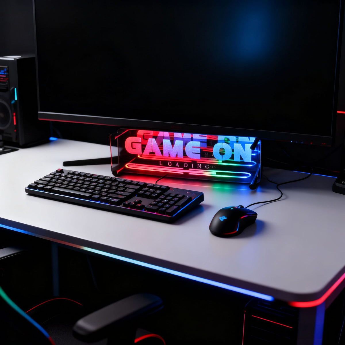 Glowbar – Neon light bar reading GAME ON LOADING in red and blue on a gray desk beside a keyboard and mouse