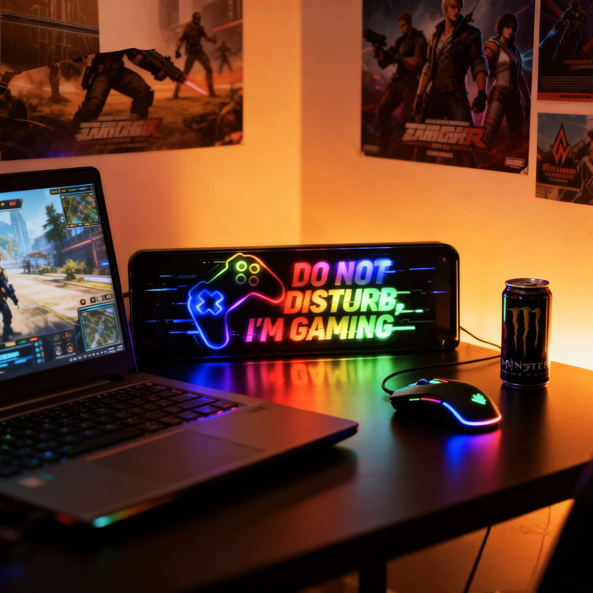 Glowbar – Light bar with controller icon and DO NOT DISTURB, I'M GAMING in rainbow colors next to a laptop and drink can
