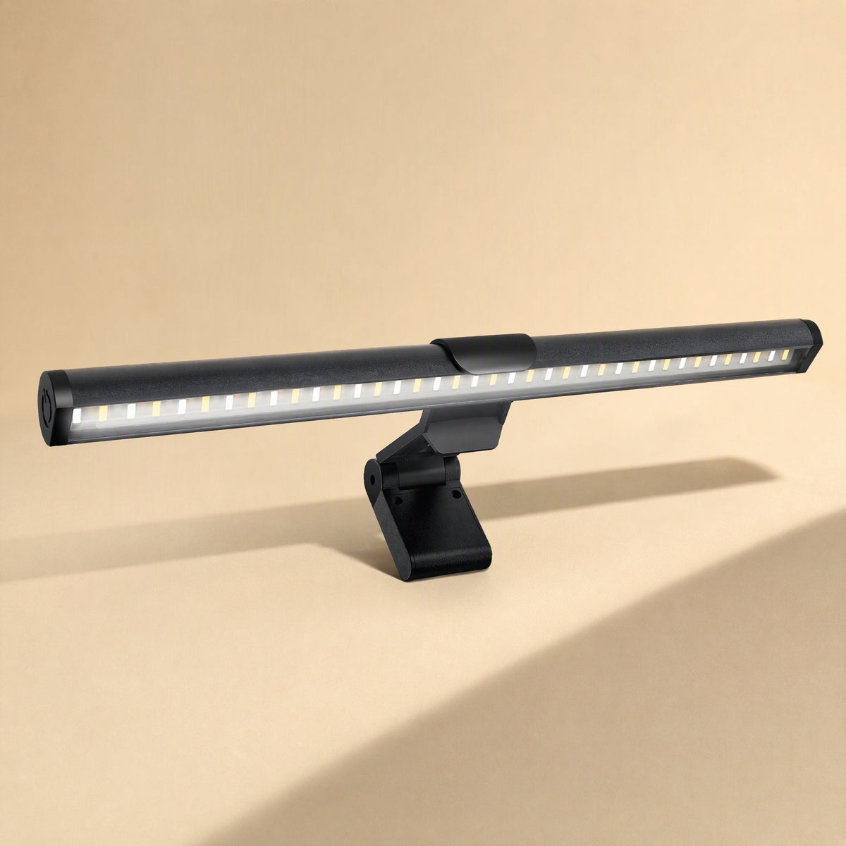 Metalgleam Metal Computer Screen Hanging Light with warm LED strip lit, angled front view on beige backdrop