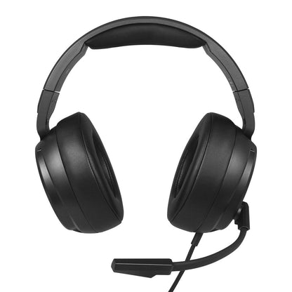 Gamebraid – Front view of the black headset with plush ear cups, padded headband and the microphone boom curved below