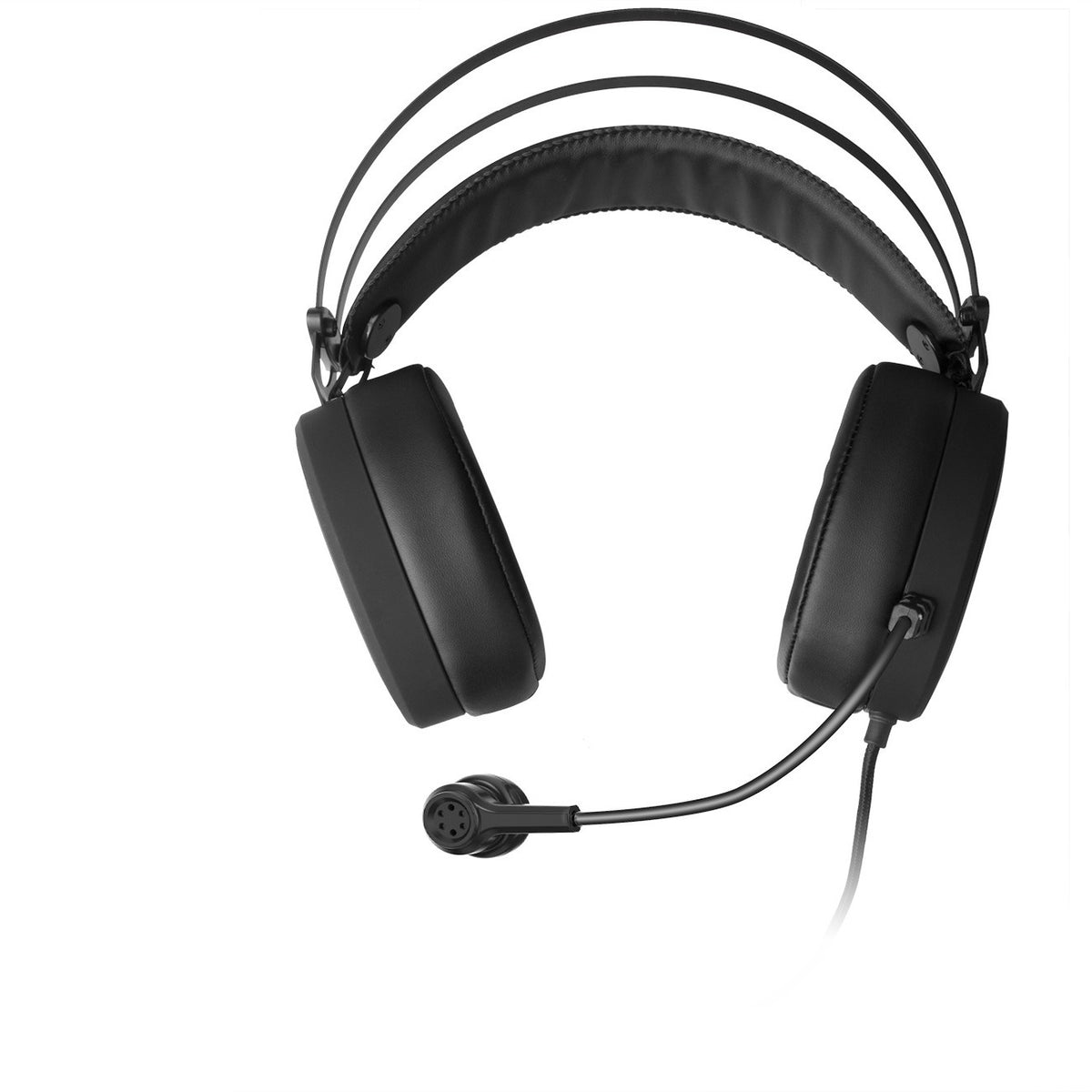 Wireplay – Front view of black over-ear headset with padded headband, ear cups and boom microphone