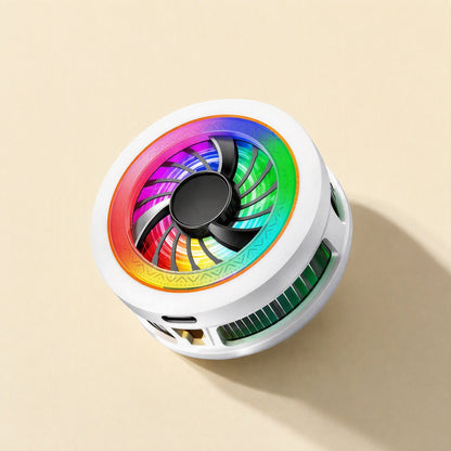 Frostchip Phone Cooler in white with a rainbow RGB-lit fan ring, angled view showing side vents and USB-C port