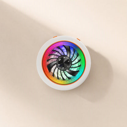 Frostchip Phone Cooler – top-down view of the round white cooler with a multicolor LED ring and black spiral fan blades
