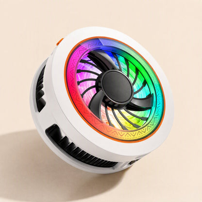 Frostchip Phone Cooler – close-up of the white cooler tilted to show the rainbow fan, orange trim and black ribbed side vents