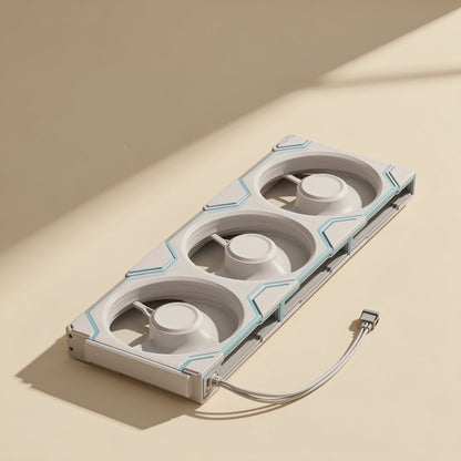 Coolspin ABS Plastic Case Fan, white triple-fan frame with blue accents and a cable, on a beige surface