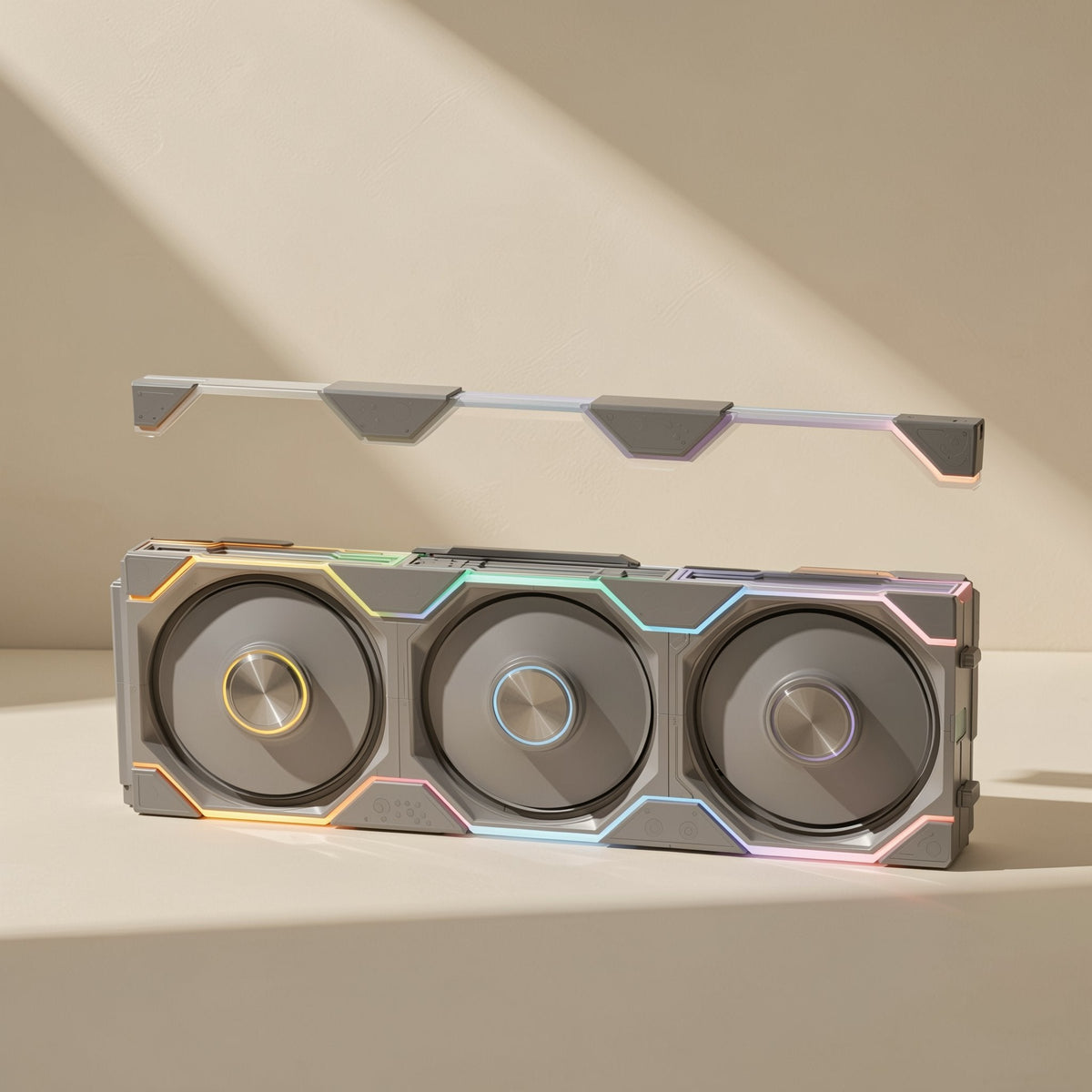 Coolspin – Gray triple-fan frame with colorful RGB edge lighting and a detached top light bar floating above it