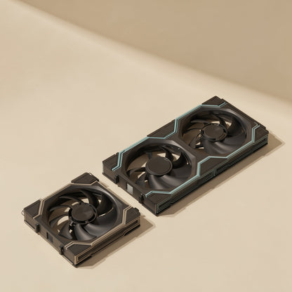 Coolspin – Black single 12 cm fan and a black double-fan frame with teal trim side by side on a beige background
