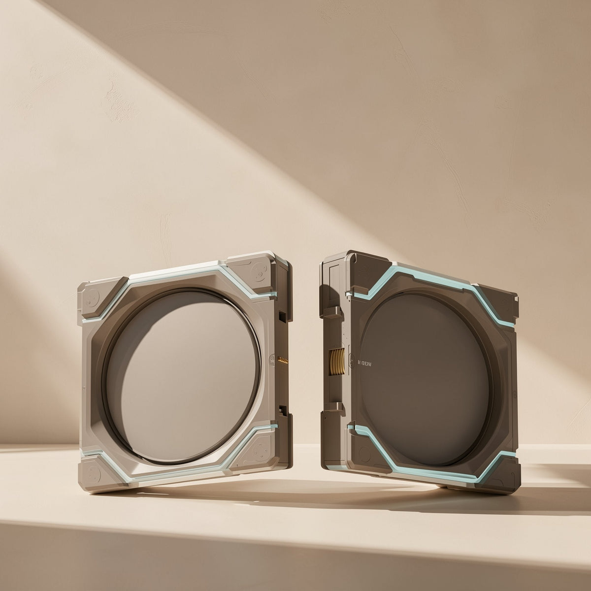 Coolspin – Two empty fan frames, gray with light blue accents, one showing its circular opening and one its connector side