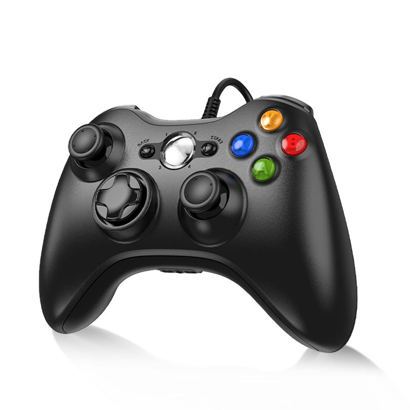 Tethertap – Black wired game controller with colored face buttons, seen from the front with its cable attached
