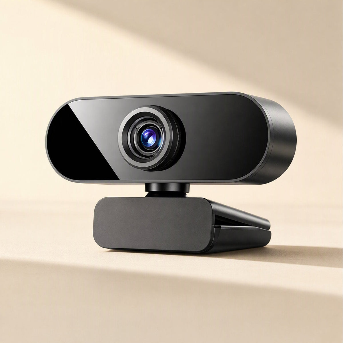 Viewbeam 1080P USB Computer Camera in black, angled front view with a glossy side panel on a beige backdrop