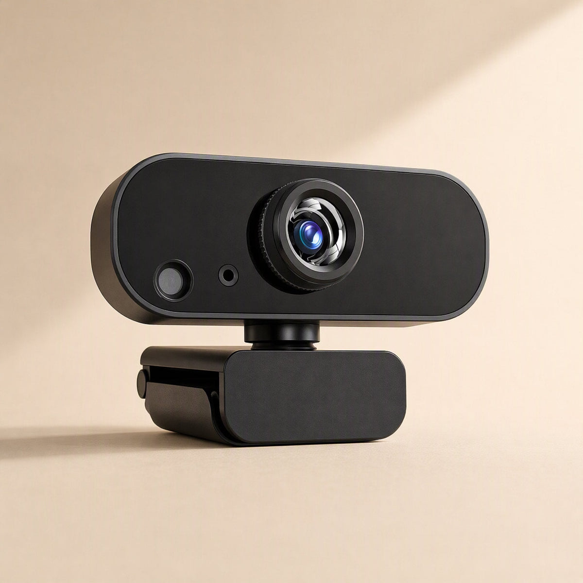Viewbeam – Webcam's front-left angle showing a small round sensor and a pinhole beside the lens, on a clip-style base