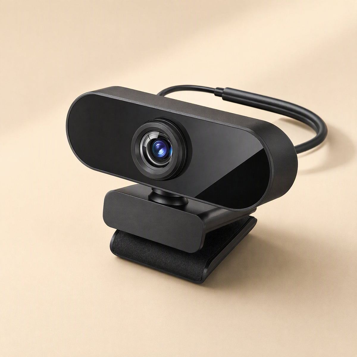 Viewbeam – Webcam with its USB cable curving behind it, standing on a folded black clip stand against a warm beige background