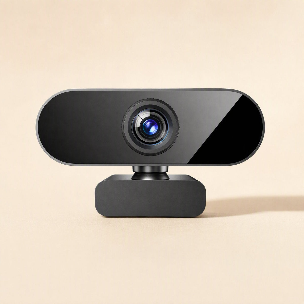 Viewbeam – Straight-on front view of the black webcam, its round blue-tinted lens centred above the small rectangular stand