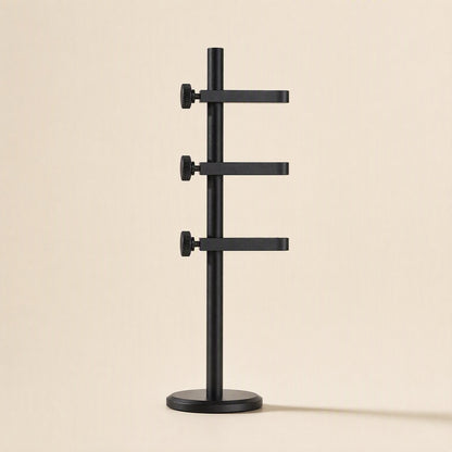 Alloybrace Graphics Card Bracket – black graphics card bracket with three stacked support arms and thumbscrews on a tall pole