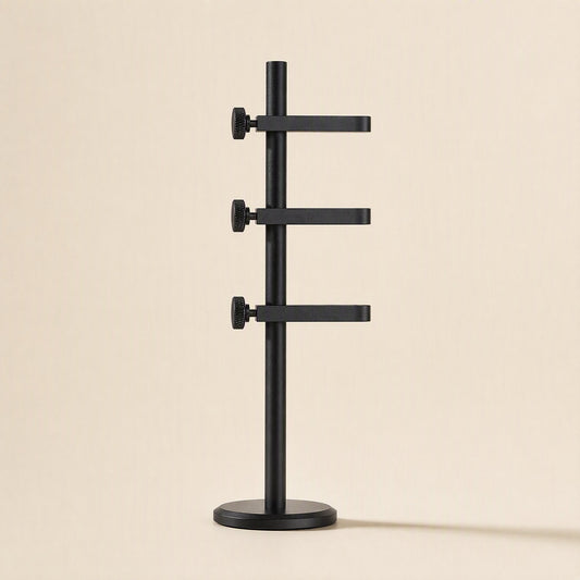 Alloybrace Graphics Card Bracket – black graphics card bracket with three stacked support arms and thumbscrews on a tall pole