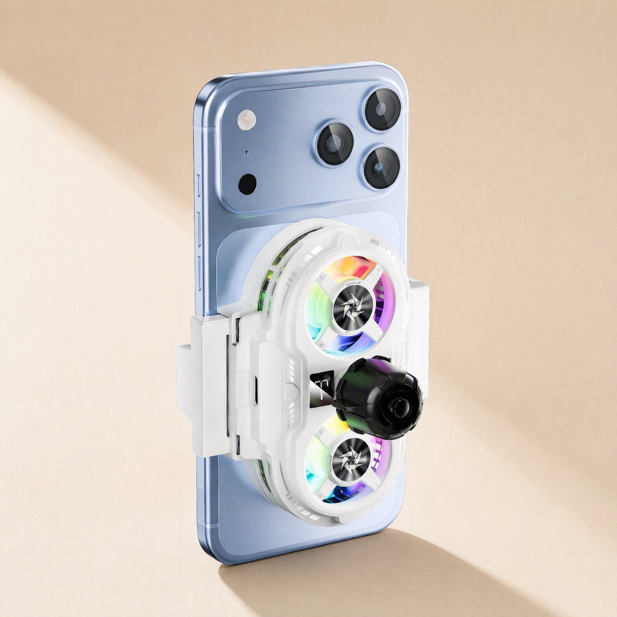 Chillview Digital Display Phone Cooler in white clipped to the back of a blue phone, dual RGB fans and black knob