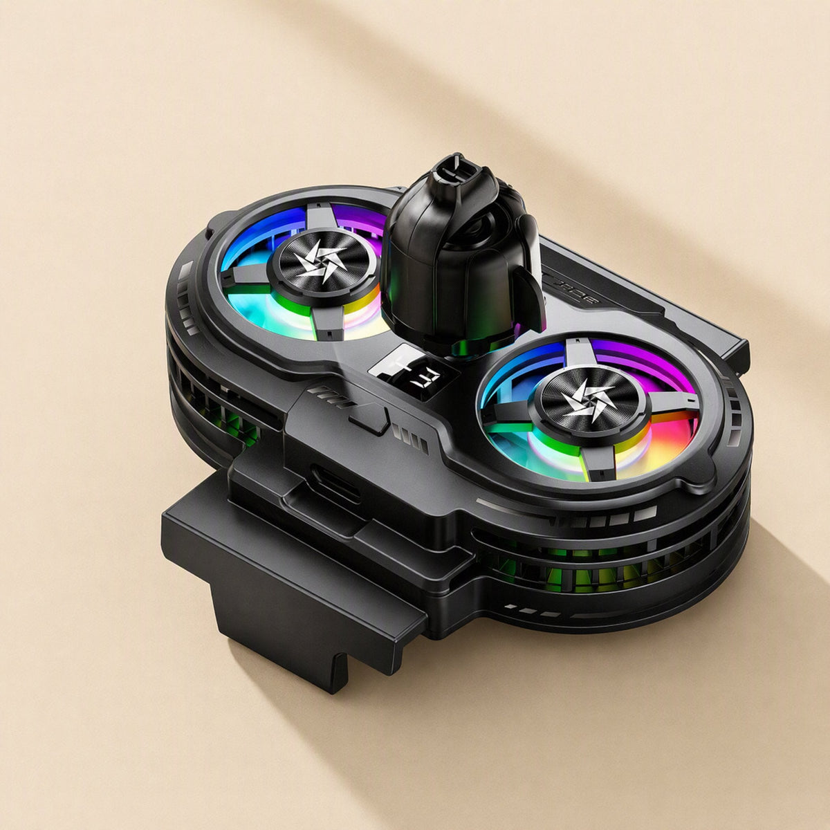 Chillview – Close-up of the black cooler from above, showing two RGB fans, a small digital display and a black knob