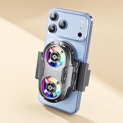 Chillview – Black dual-fan cooler attached to the back of a blue phone with side clamps, colourful fan lights visible