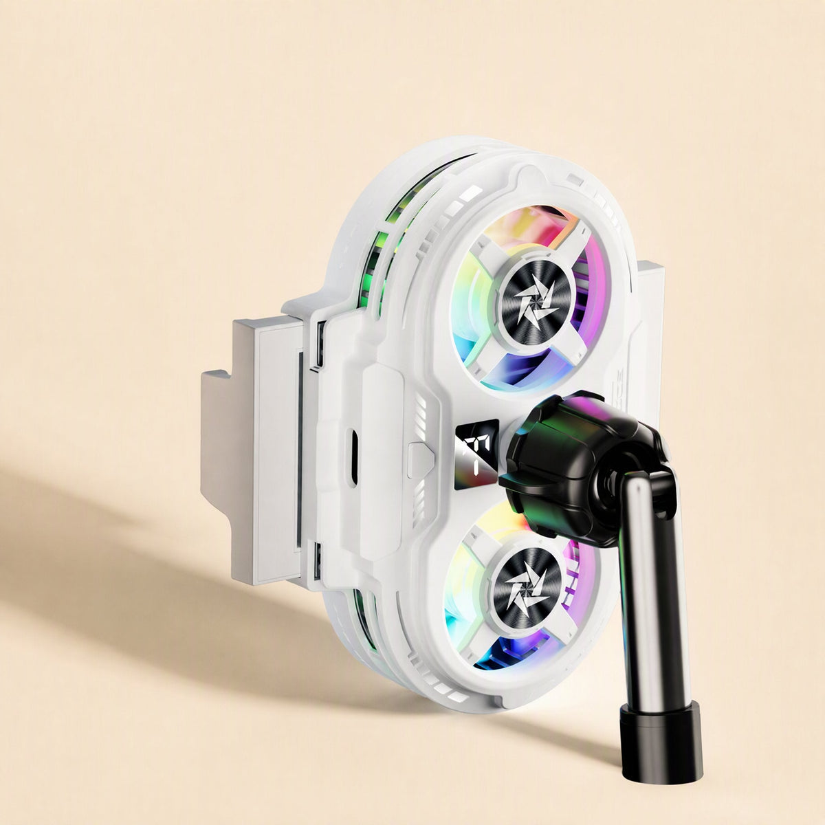 Chillview – White cooler seen from the side with a black knob and an extended black rod, RGB fan lights glowing