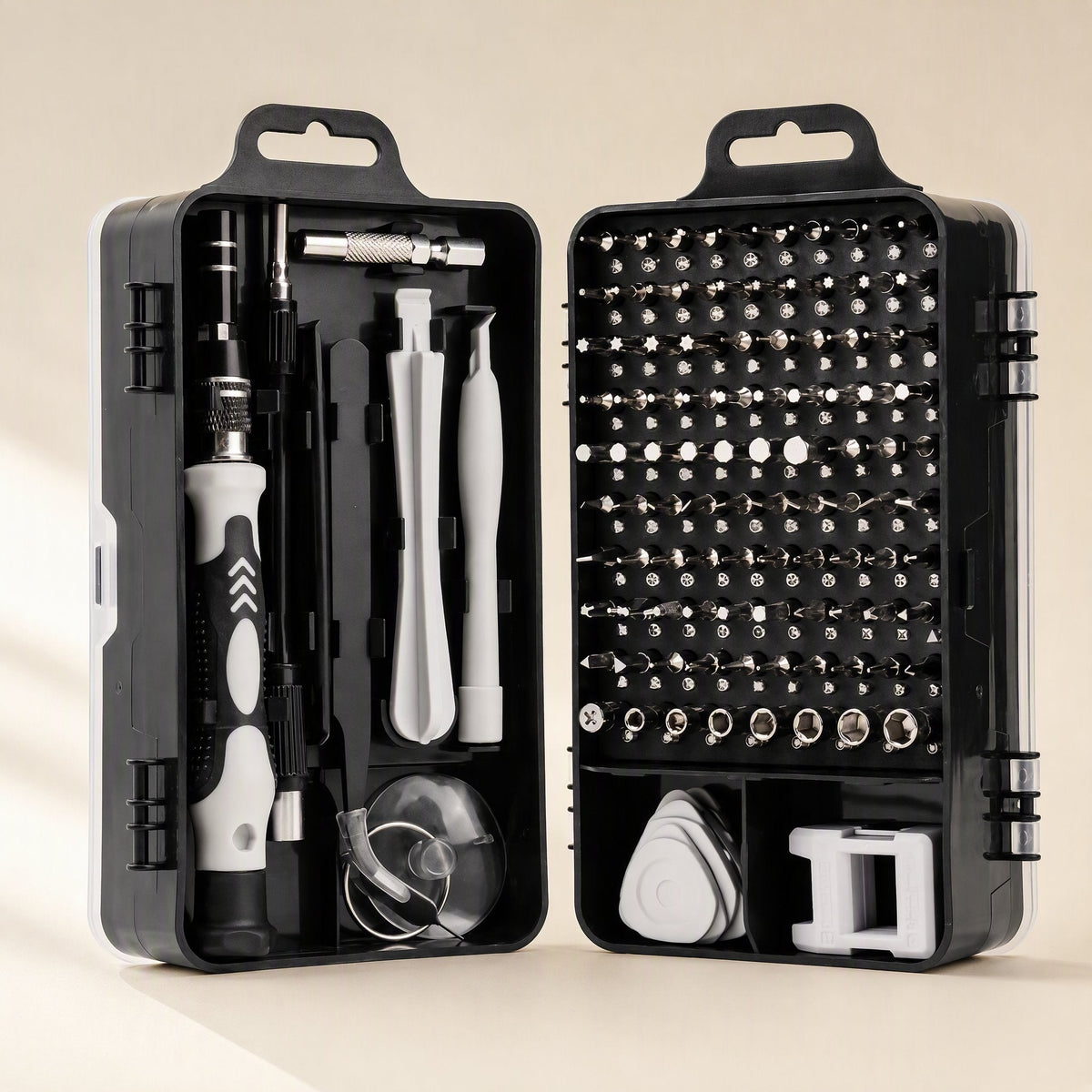 Screwcraft Screwdriver Set open in a black case, showing the handle, pry tools and rows of bits on a cream backdrop