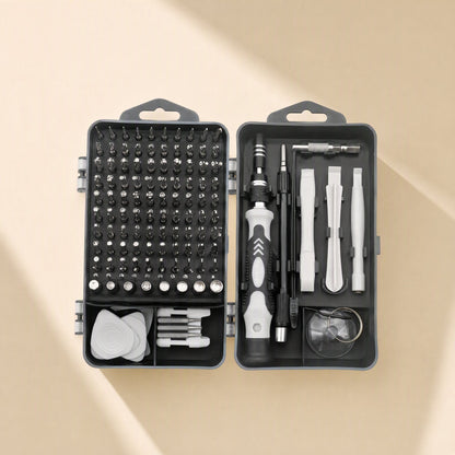 Screwcraft Screwdriver Set – overhead view of the open gray case with bit rows, handle, pry tools and suction cup