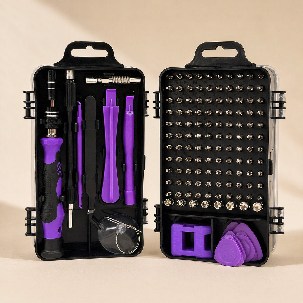 Screwcraft Screwdriver Set – purple-handled version in a black case, open to show bits, pry tools, picks and a suction cup