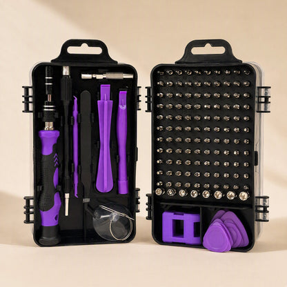 Screwcraft Screwdriver Set – purple-handled version in a black case, open to show bits, pry tools, picks and a suction cup