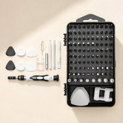Screwcraft – Flat lay of the black case with bits, with the handle, picks, pry tools and sim ejector pin laid out beside it