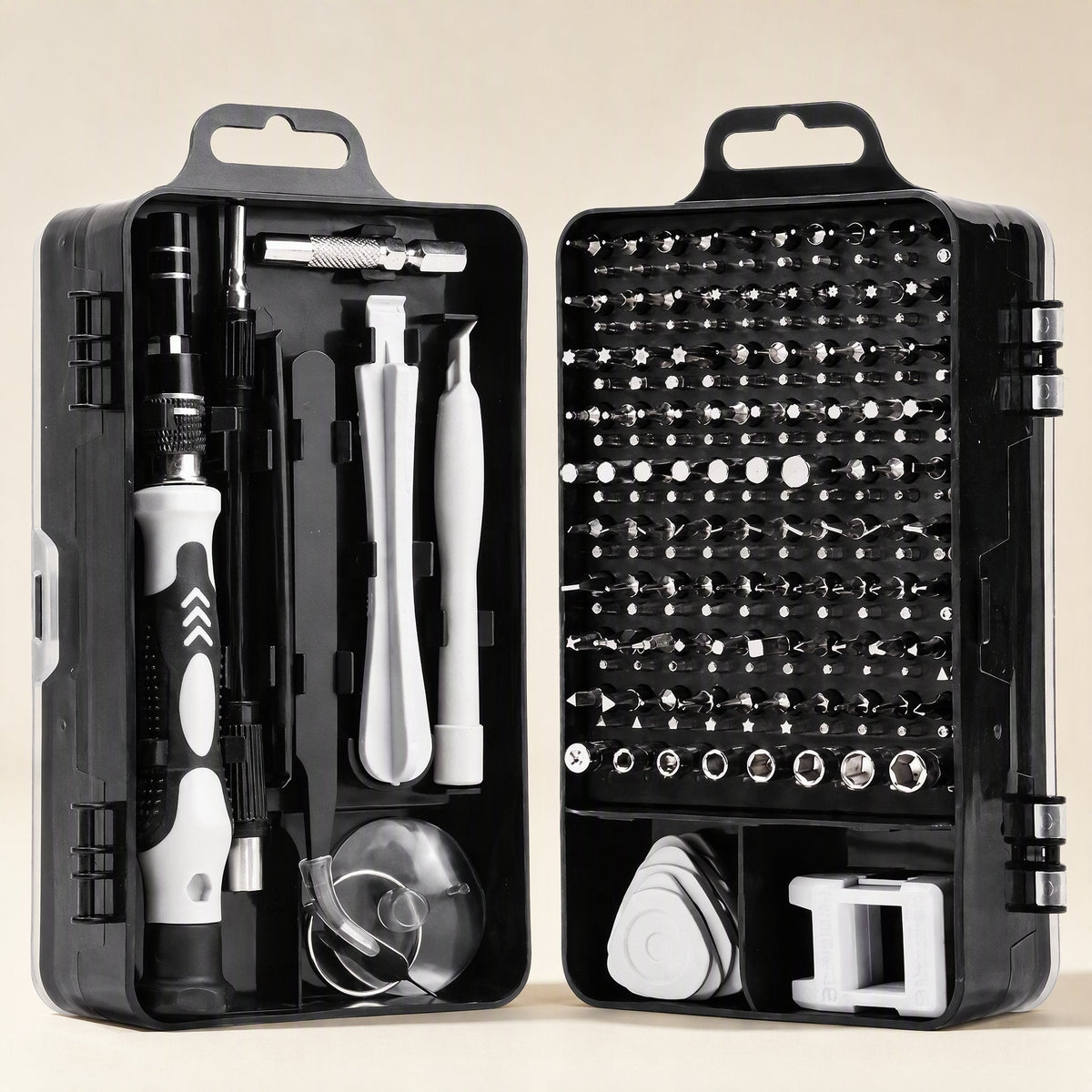 Screwcraft – Black-and-white handle set open on a cream background, with the bit tray, pry tools and suction cup visible