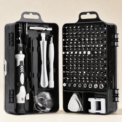 Screwcraft – Black-and-white handle set open on a cream background, with the bit tray, pry tools and suction cup visible