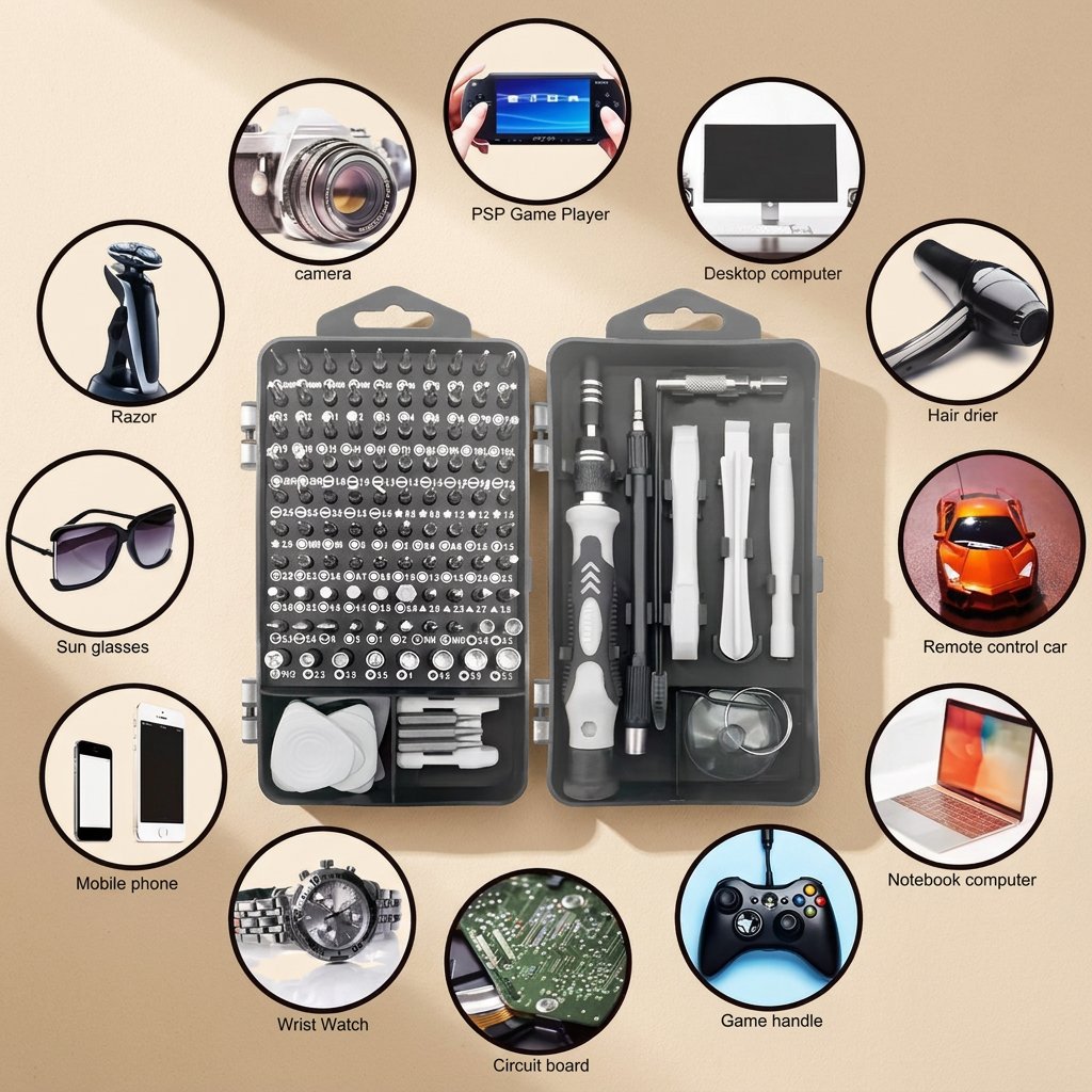 Screwkit set open from above, surrounded by circles showing devices like a camera, phone, watch and game handle