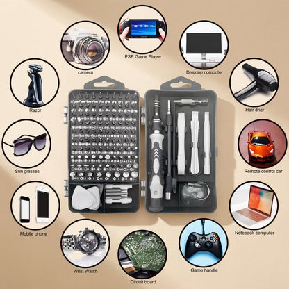 Screwkit set open from above, surrounded by circles showing devices like a camera, phone, watch and game handle