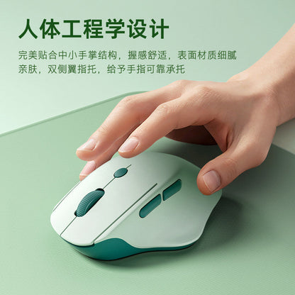 Hand resting on the Restclick mouse, showing its curved shape and teal side buttons on a green surface