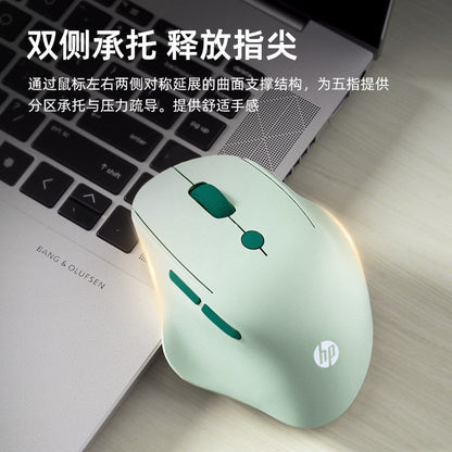 Restclick – Green ergonomic mouse with teal scroll wheel and side buttons resting on a silver laptop keyboard