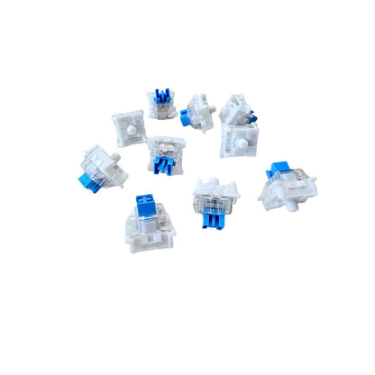 Crispop – Ten white pinless blue switches scattered at different angles on a white background