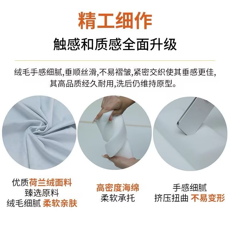 Velvopad – Three close-ups showing soft gray velvet fabric, a squeezed white foam block, and a bent foam sample
