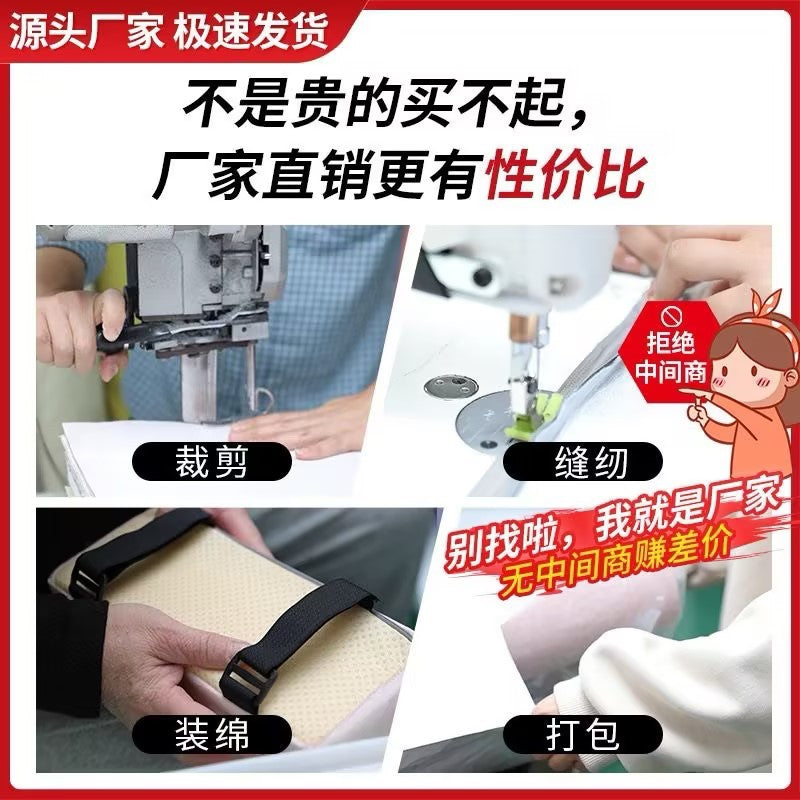 Velvopad – Four steps of making the cushion: fabric cutting, sewing, foam filling with strap attached, and packing