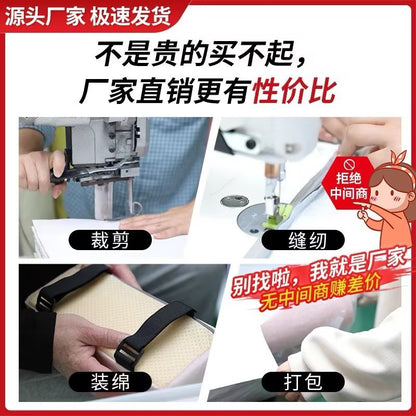 Velvopad – Four steps of making the cushion: fabric cutting, sewing, foam filling with strap attached, and packing