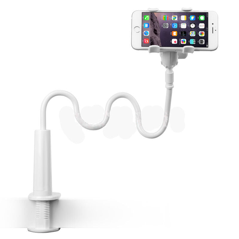Coilrest – White gooseneck arm and clamp base holding a smartphone with a lit home screen, shown on white