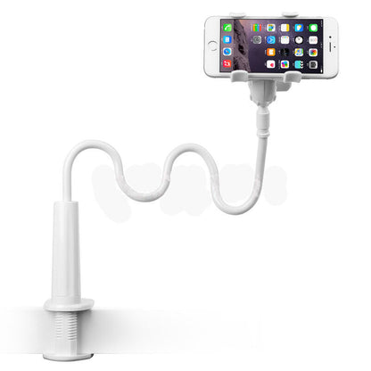 Coilrest – White gooseneck arm and clamp base holding a smartphone with a lit home screen, shown on white