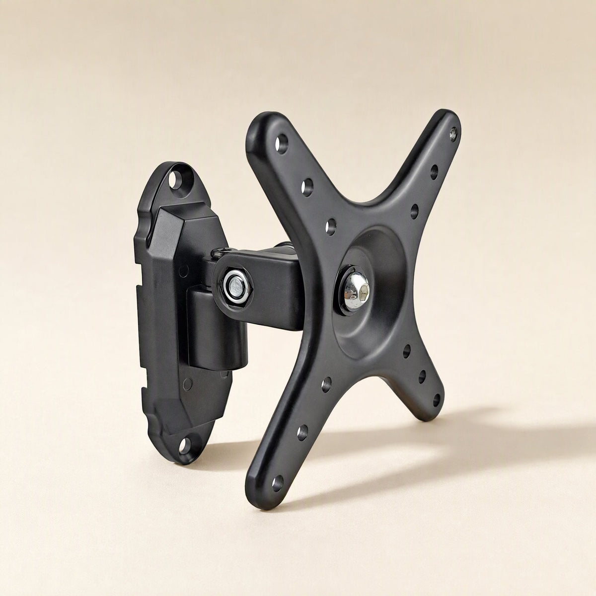 Wallbrace – Black swivel mount with X-shaped VESA plate and wall bracket, seen from another angle