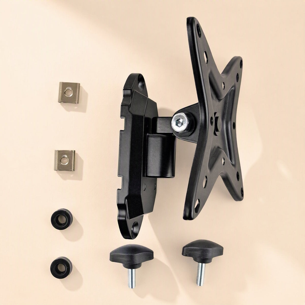 Wallbrace – Mount, two square nuts, two black spacers and two T-handle screws laid out on a beige surface