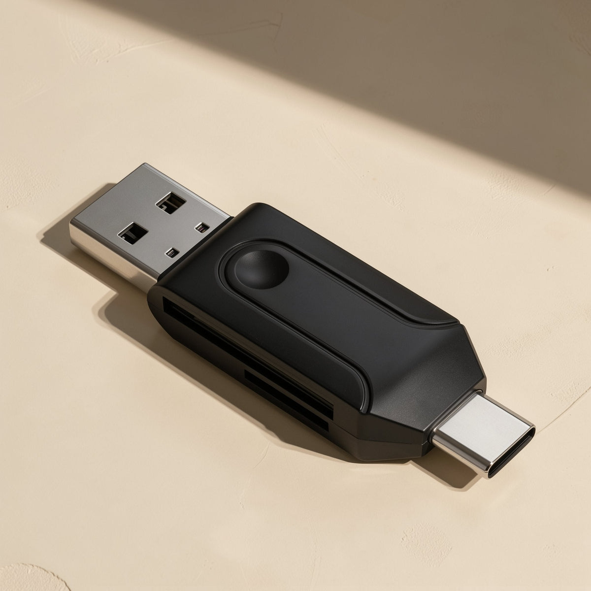 Readplug – Black dual-head OTG card reader with a slide switch, USB-A plug on the left and USB-C plug on the right