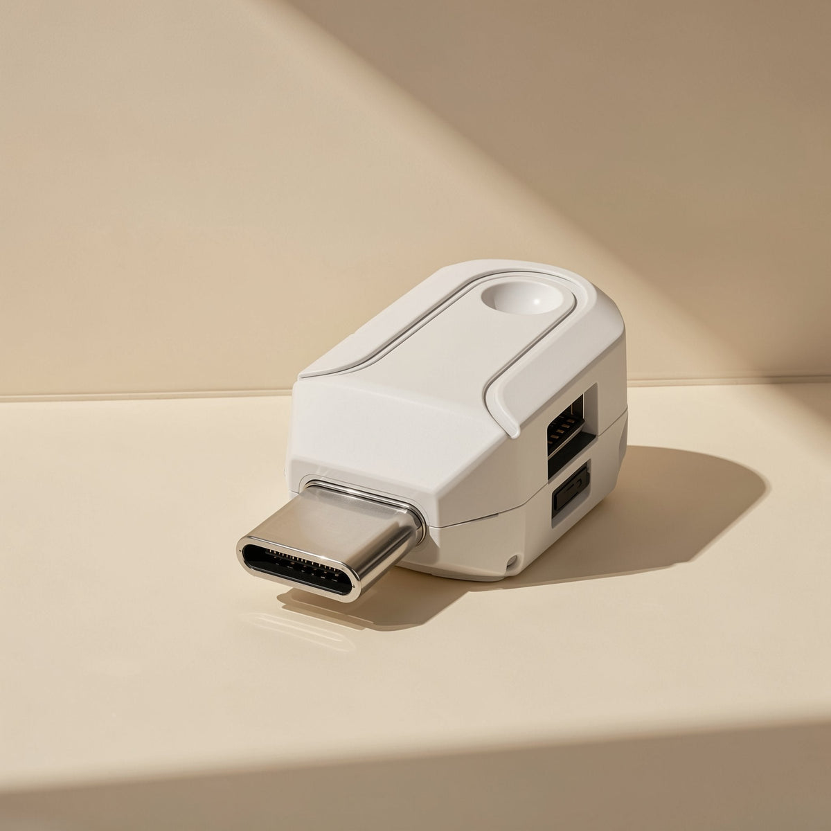 Readplug – White card reader standing on its USB-C plug, showing the SD and microSD slots on the side