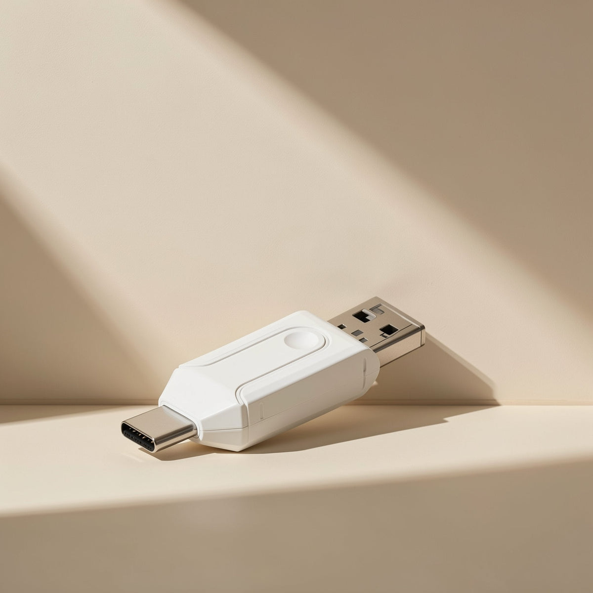 Readplug – White dual-head reader lying at an angle with the USB-C connector in front and USB-A behind, in soft light