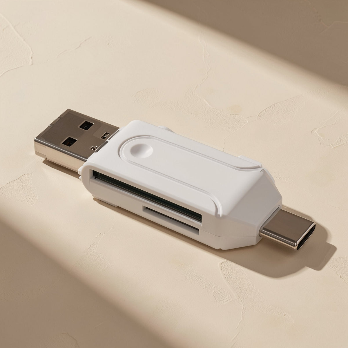 Readplug – White OTG reader from above, with SD and TF card slots visible along the side, USB-A and USB-C ends extended
