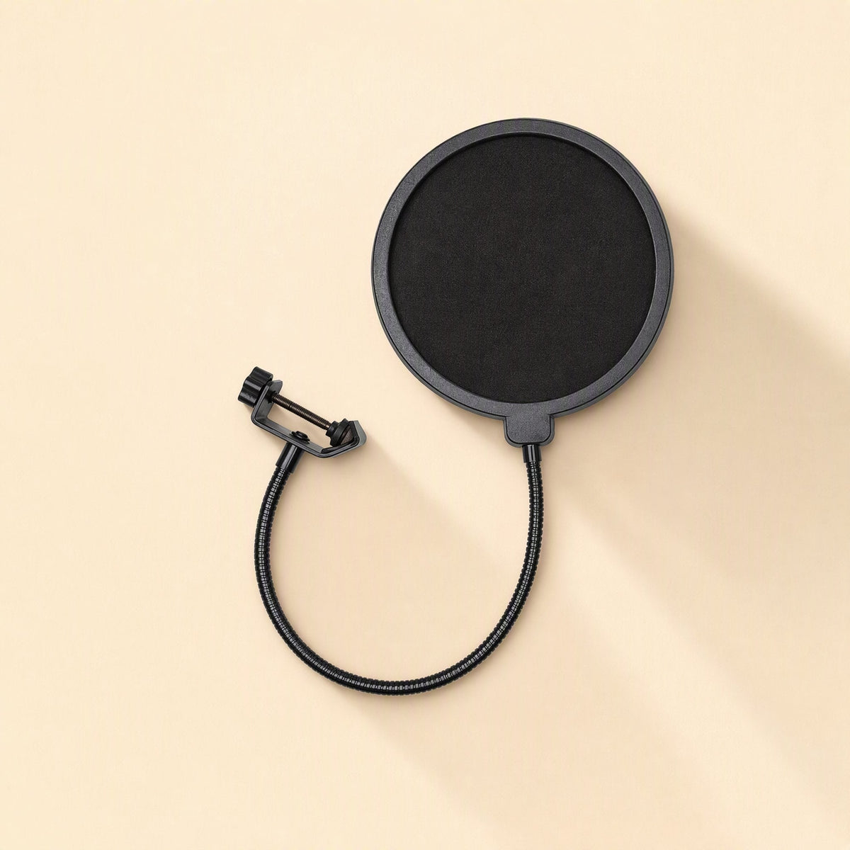 Streamveil Large Microphone Windscreen with black mesh disc and flexible gooseneck arm on a cream background