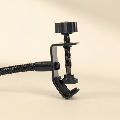 Streamveil – Close-up of the black metal C-clamp with thumbscrew at the end of the gooseneck arm