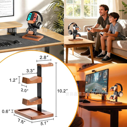 Timberhold – Wooden stand with dimensions labeled, plus lifestyle shots of a Switch on the stand and a dad and son gaming