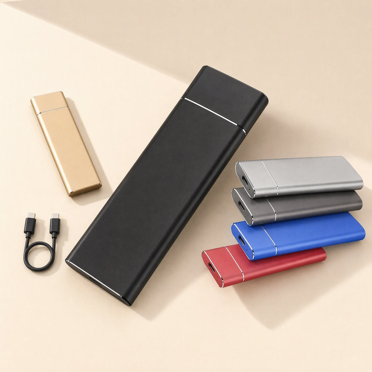 Roamdrive Portable Solid State Drive in black, gold, silver, gray, blue and red beside a USB-C cable